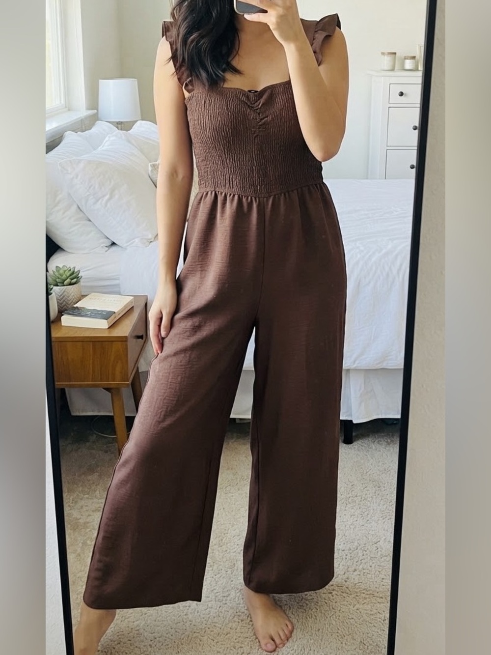 Arden B Brown Ruffle Strap Smocked Wide Leg Jumpsuit Size XL